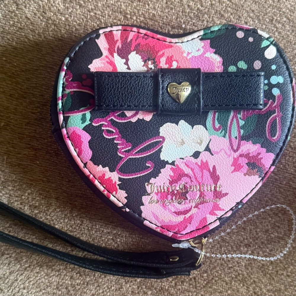 Juicy Couture Heart-Shaped Floral Wristlet - Black and Pink